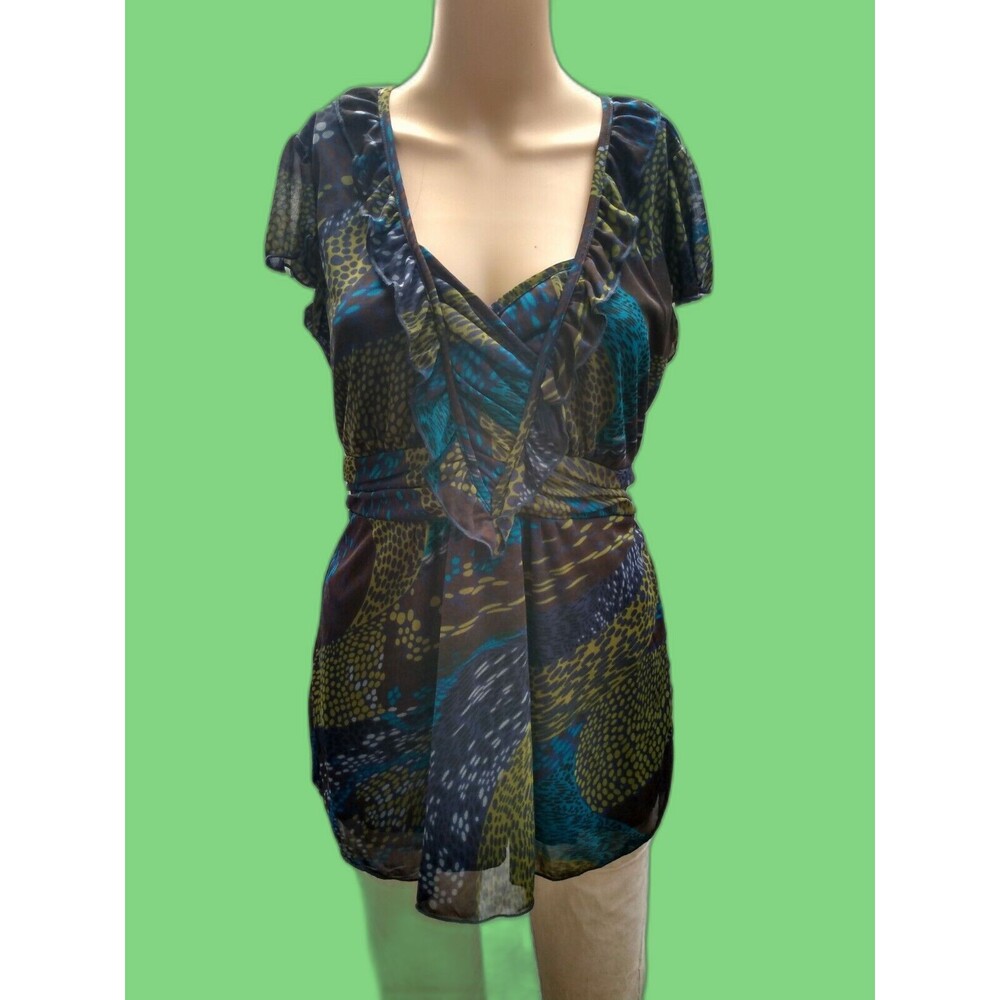 Cato Shirt Multicolor Short Sleeve Size M Ruffle Tie Back  Lined Tunic Retro 80s